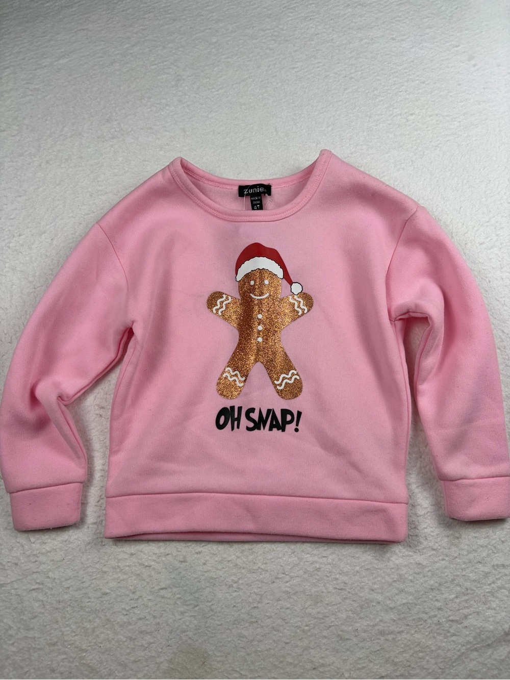 NWT Zunie Pink Sweatshirt with Glitter Gingerbread and Santa Hat Size 4T